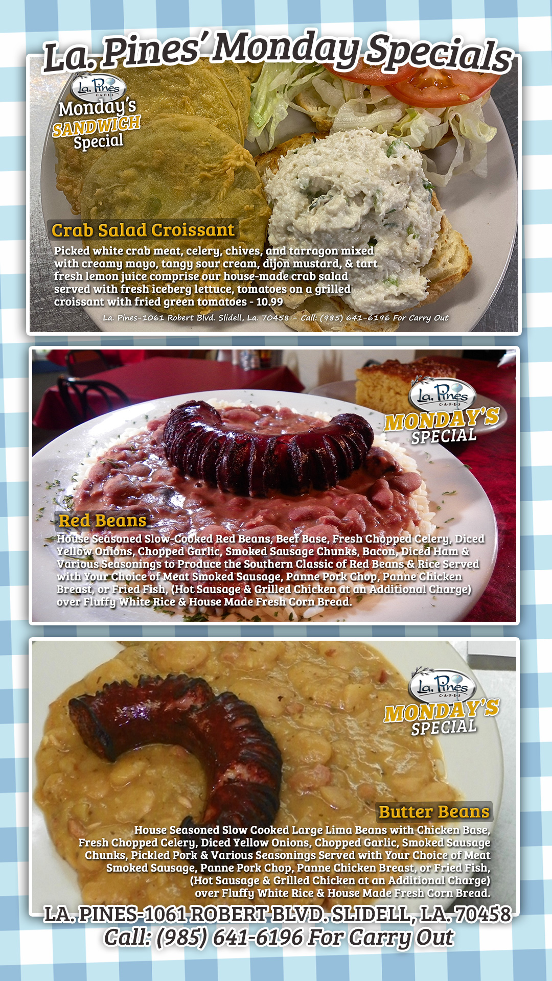 Monday, March 11th, 2024 Daily Specials at La Pines 1061 Robert Blvd.