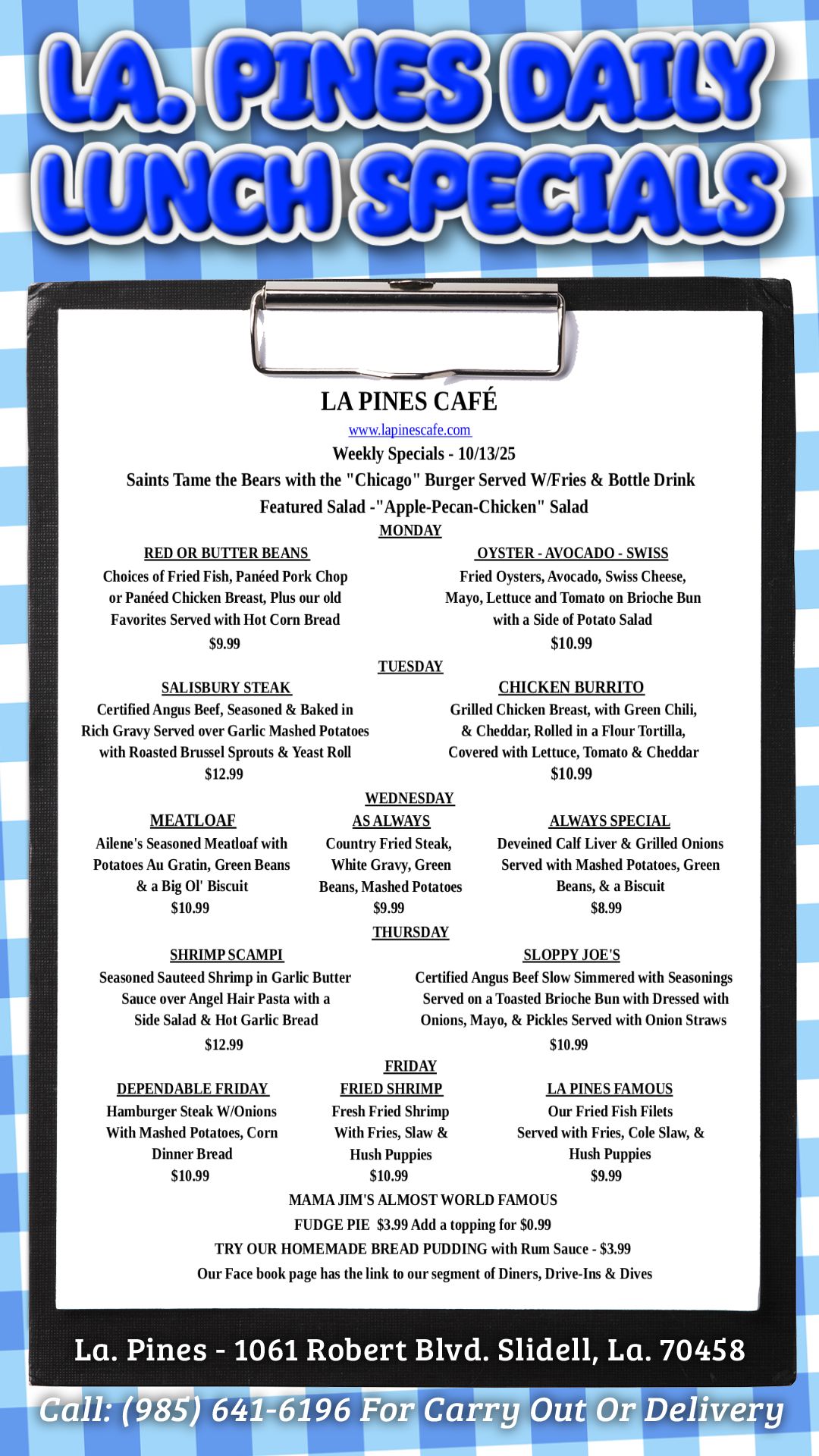 La․ Pines Weekly Specials Starting Monday, October 13, 2025.