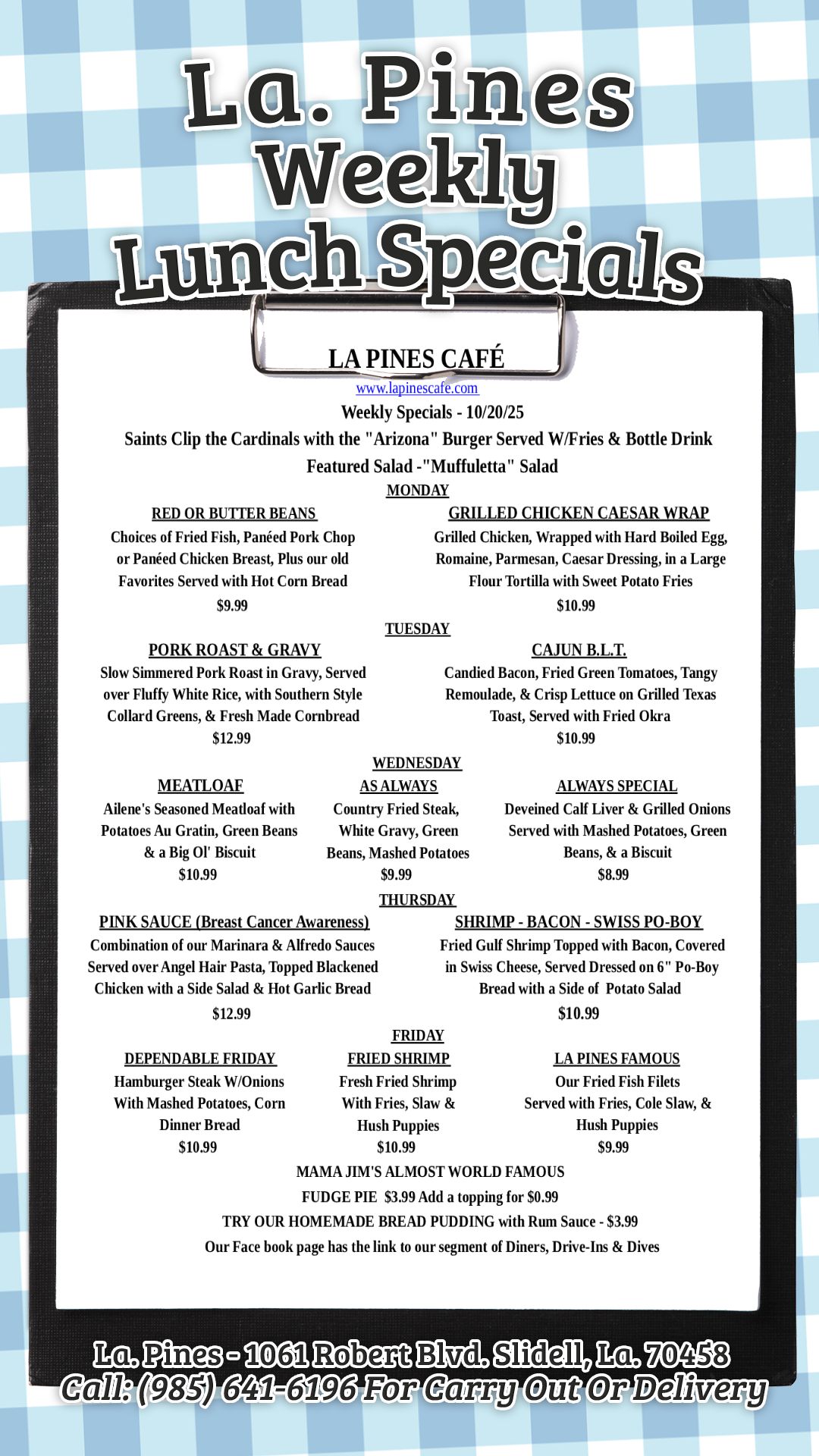 La․ Pines Weekly Specials Starting Monday, October 20, 2025.