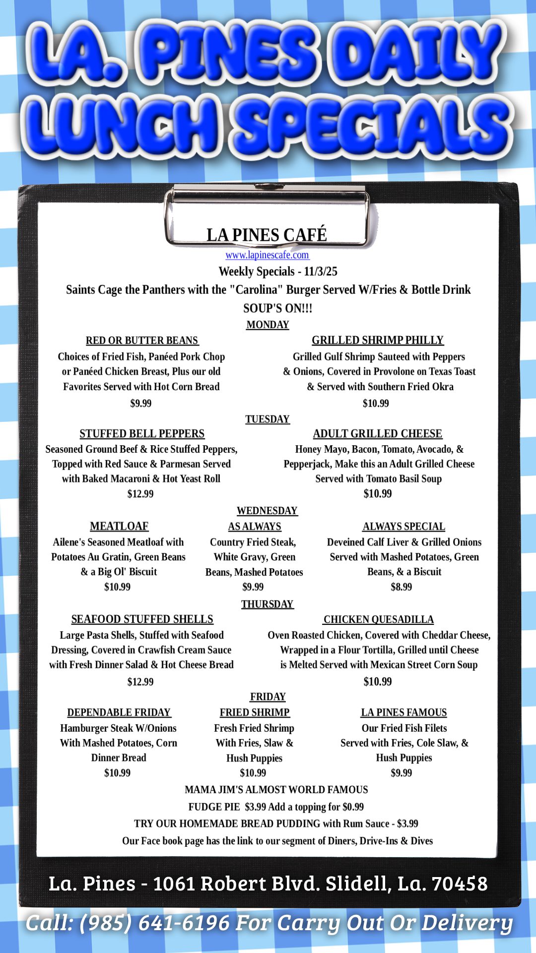La, Pines Daily Specials Starting November 3, 2025 Serving up new daily specials every Monday, Tuesday, Wednesday, Thursday, and Friday!