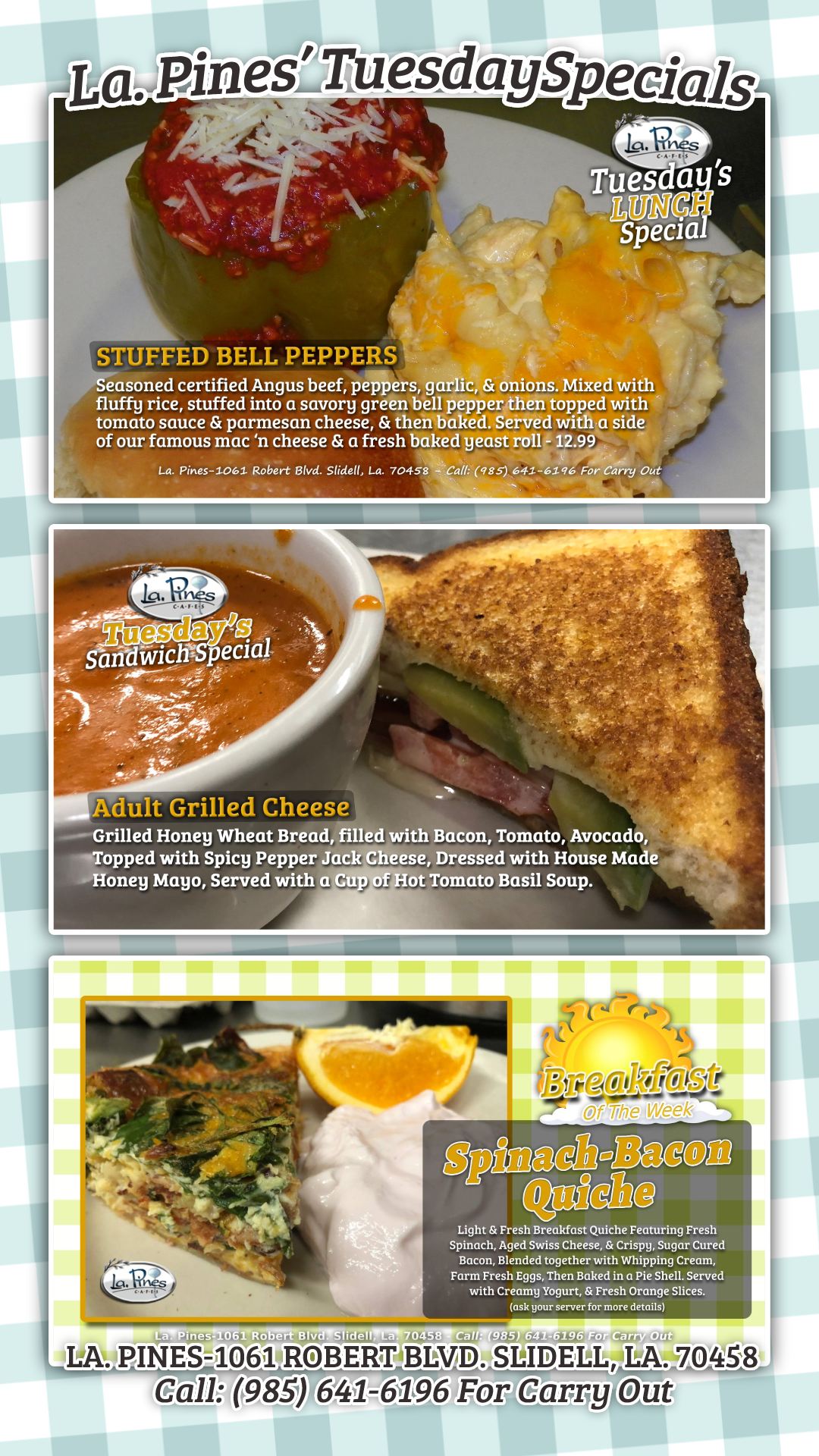 La․ Pines Daily Tuesday Specials For November 4, 2025 – Served from 11am to 2pm STUFFED BELL PEPPERS Seasoned Ground Beef & Rice Stuffed Peppers, Topped with Red Sauce & Parmesan.