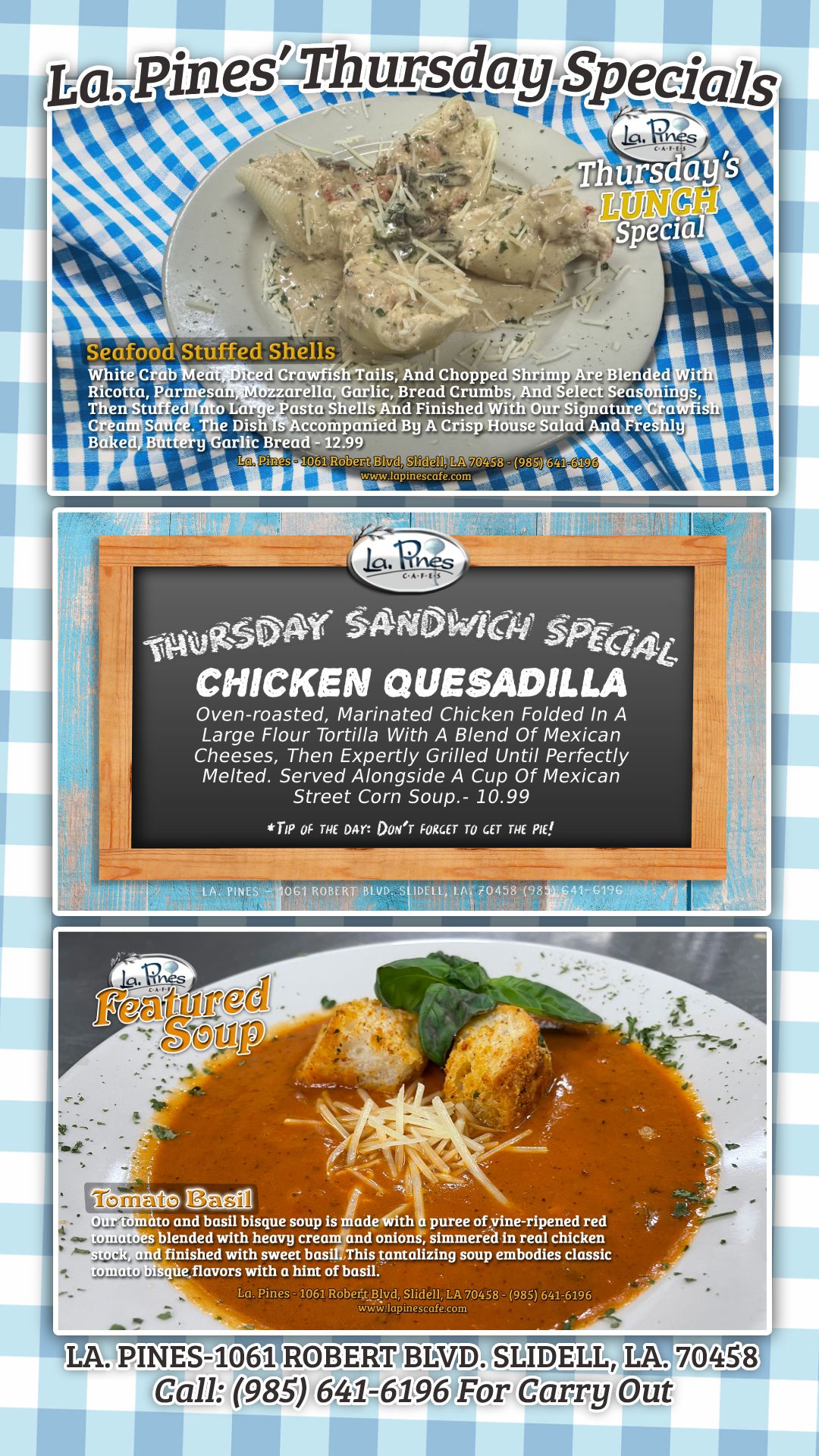 Thursday Specials for November 6, 2025 at La Pines in Slidell, Louisiana.