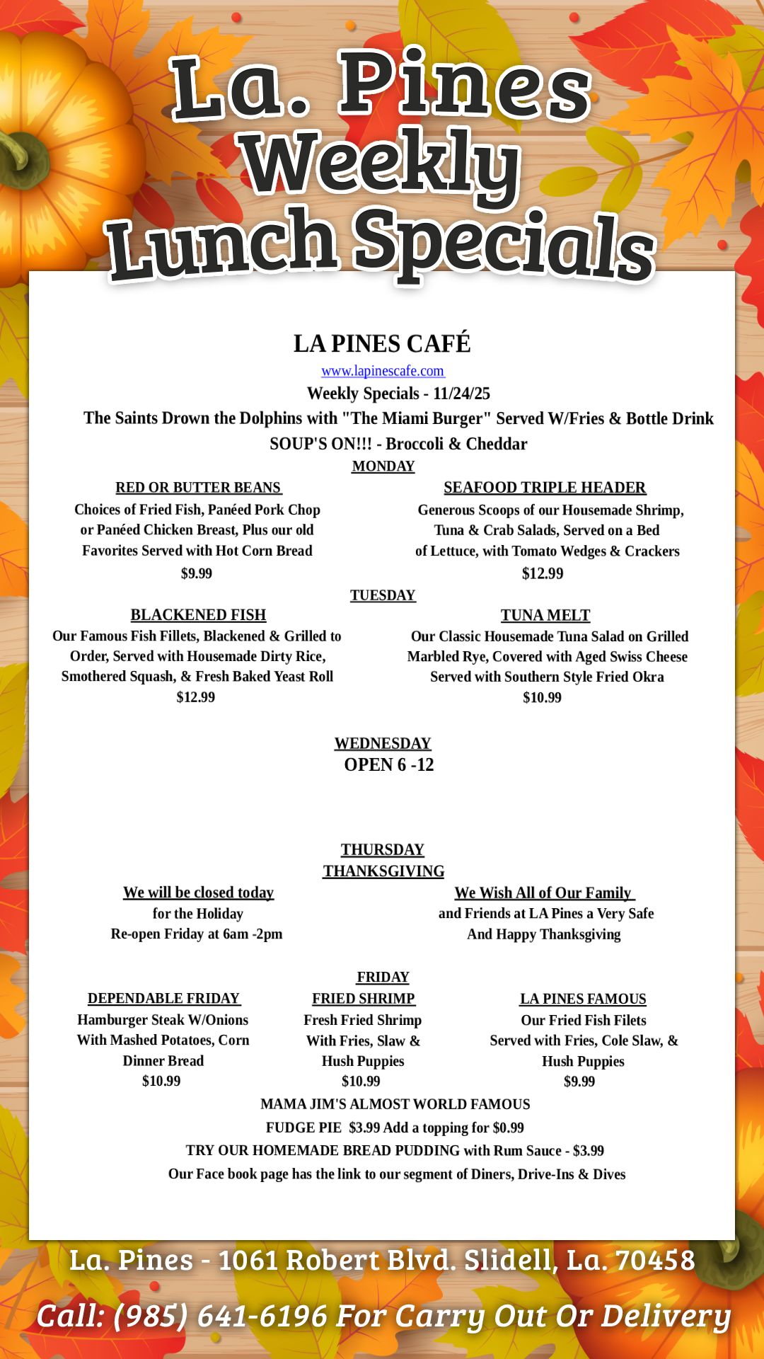 La․ Pines Cafe – Weekly Specials Starting 11/24/2025 Serving up new daily specials every Monday, Tuesday, Wednesday, Thursday, and Friday!