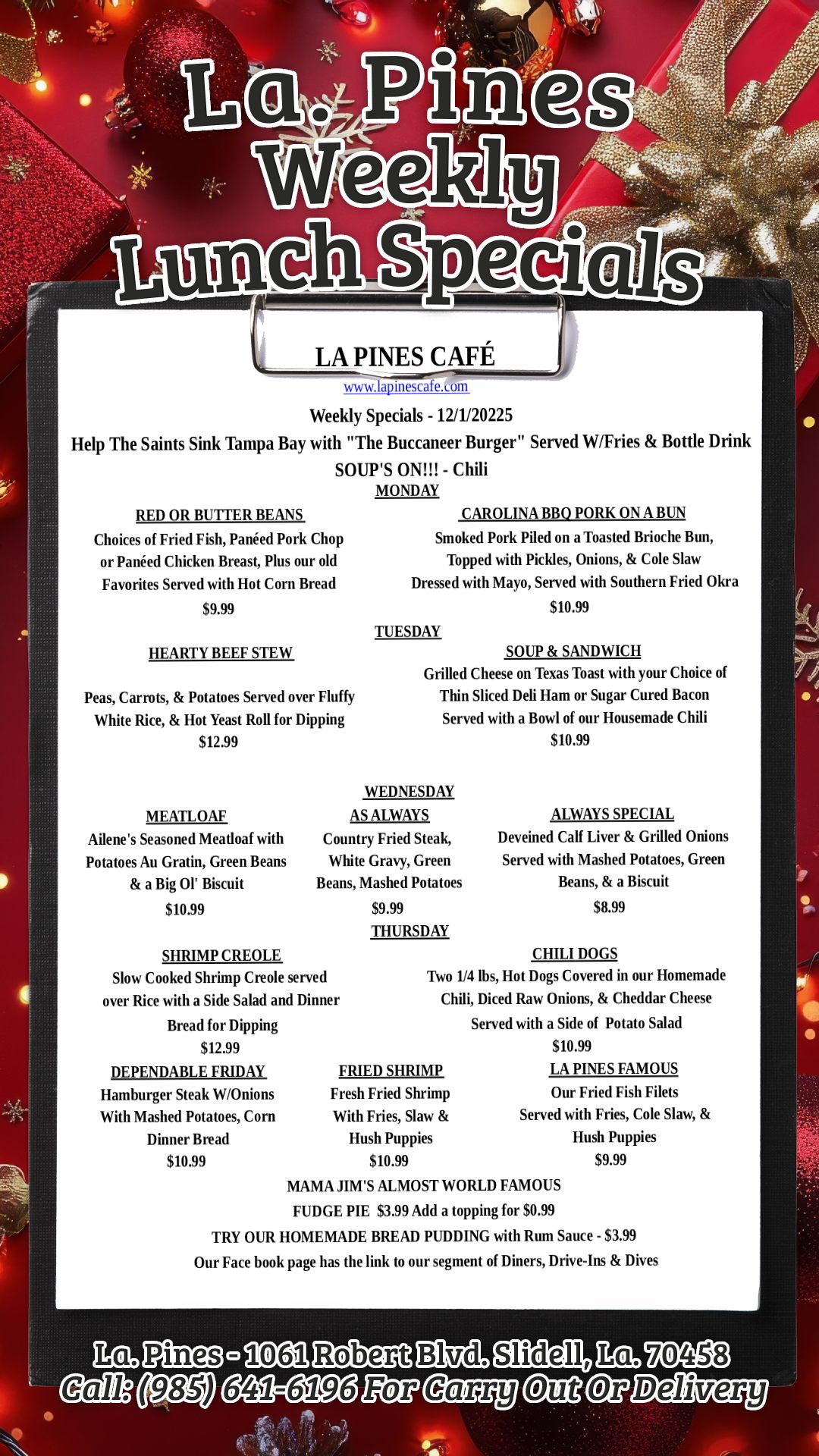 La․ Pines Cafe – Weekly Specials Starting 12/1/2025.