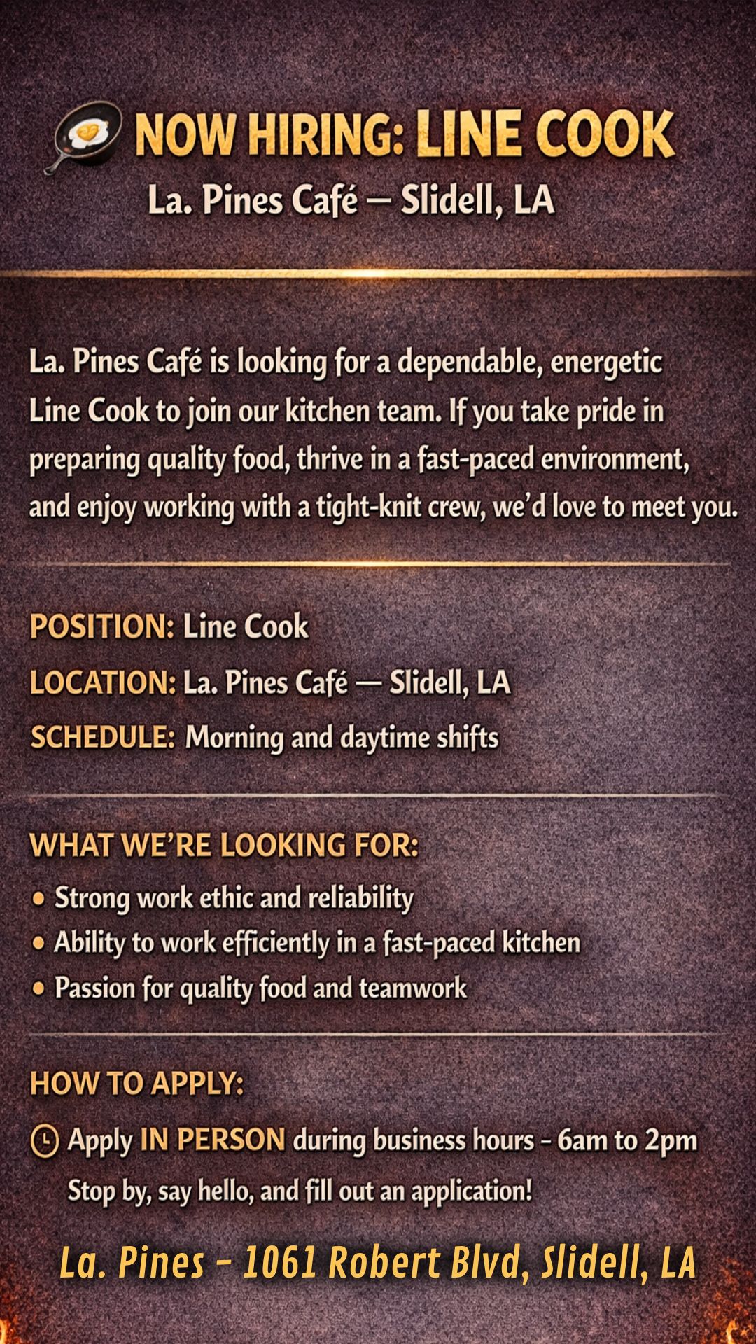 La Pines is looking for a dependable, energetic Line Cook to join our kitchen team.