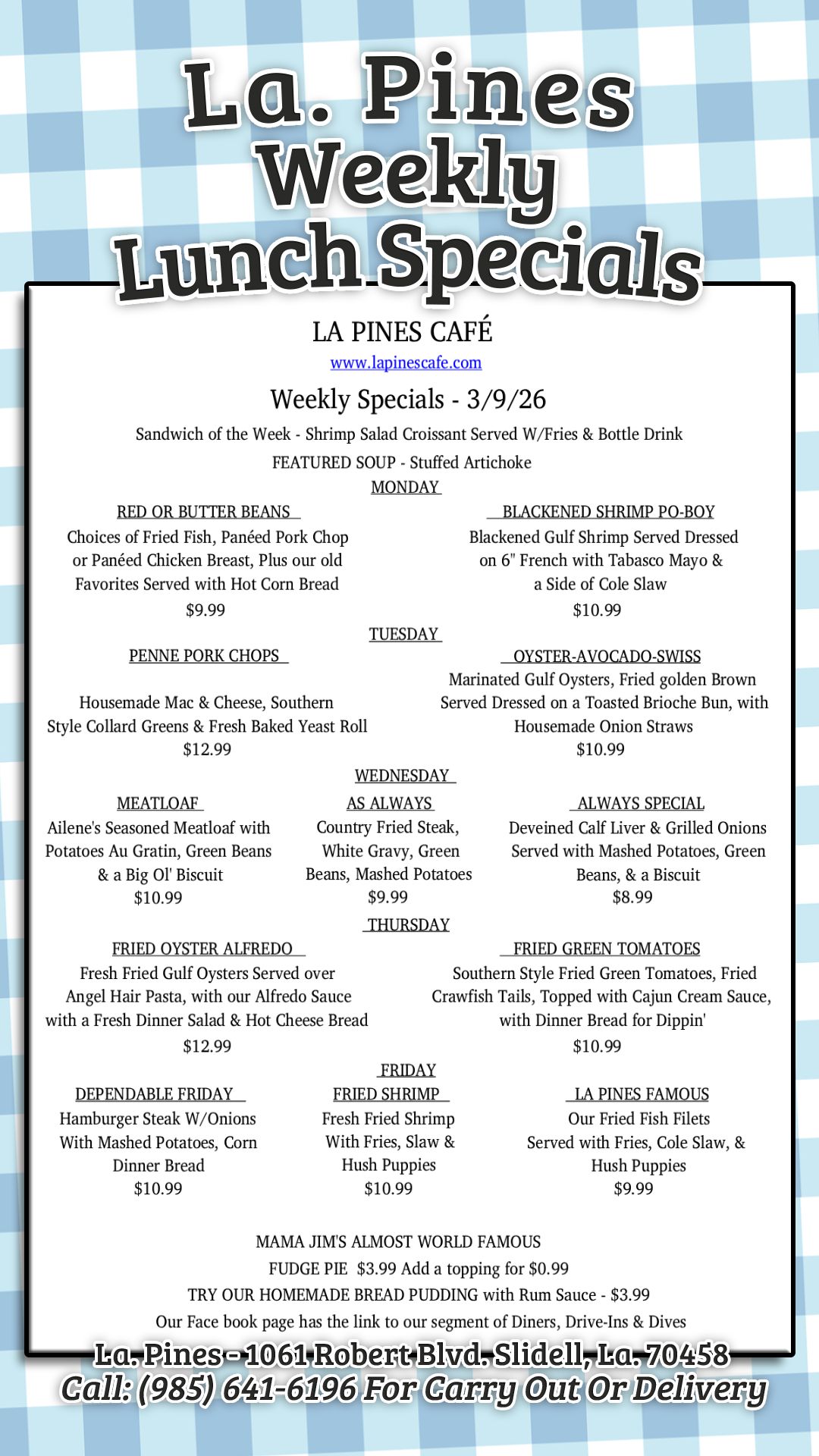 Weekly Specials Starting Monday March 9, 2026.