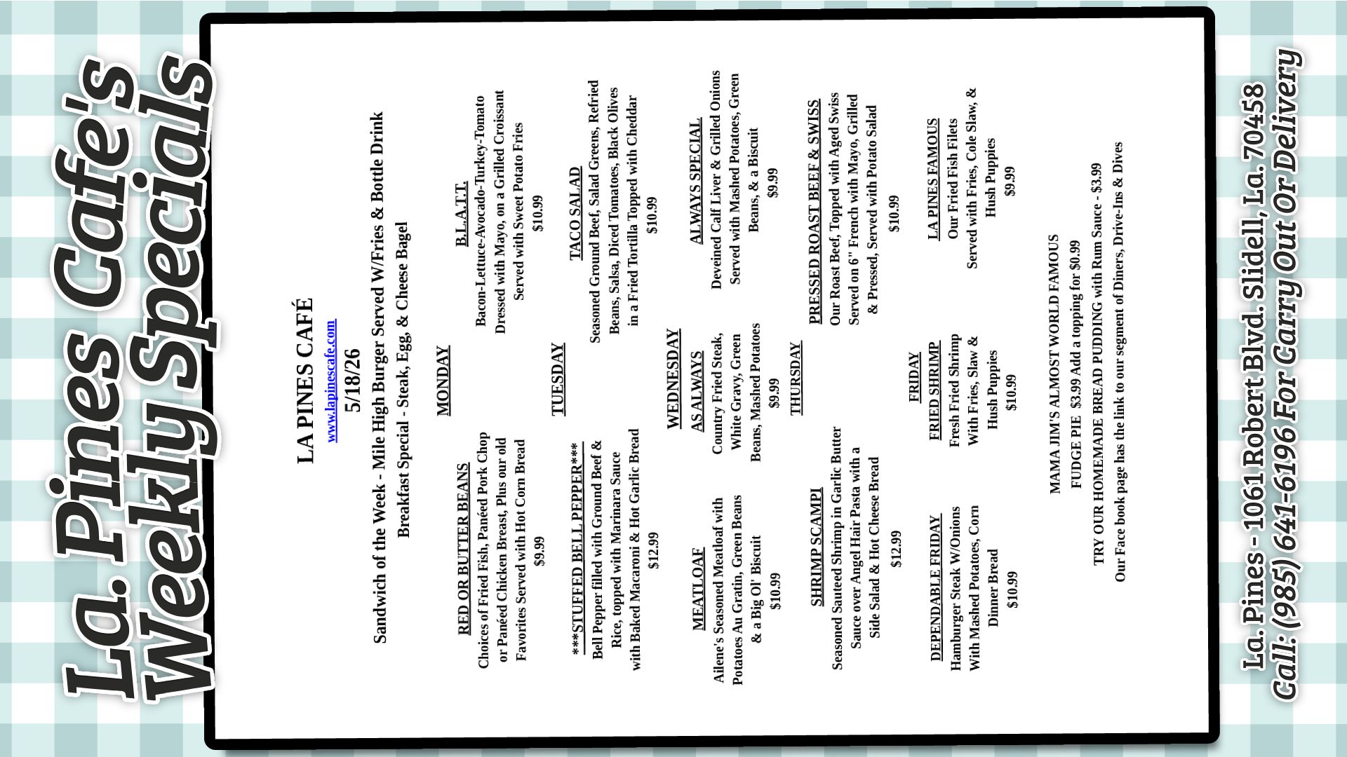 Daily Lunch Specials for the week beginning 5/18/2026.