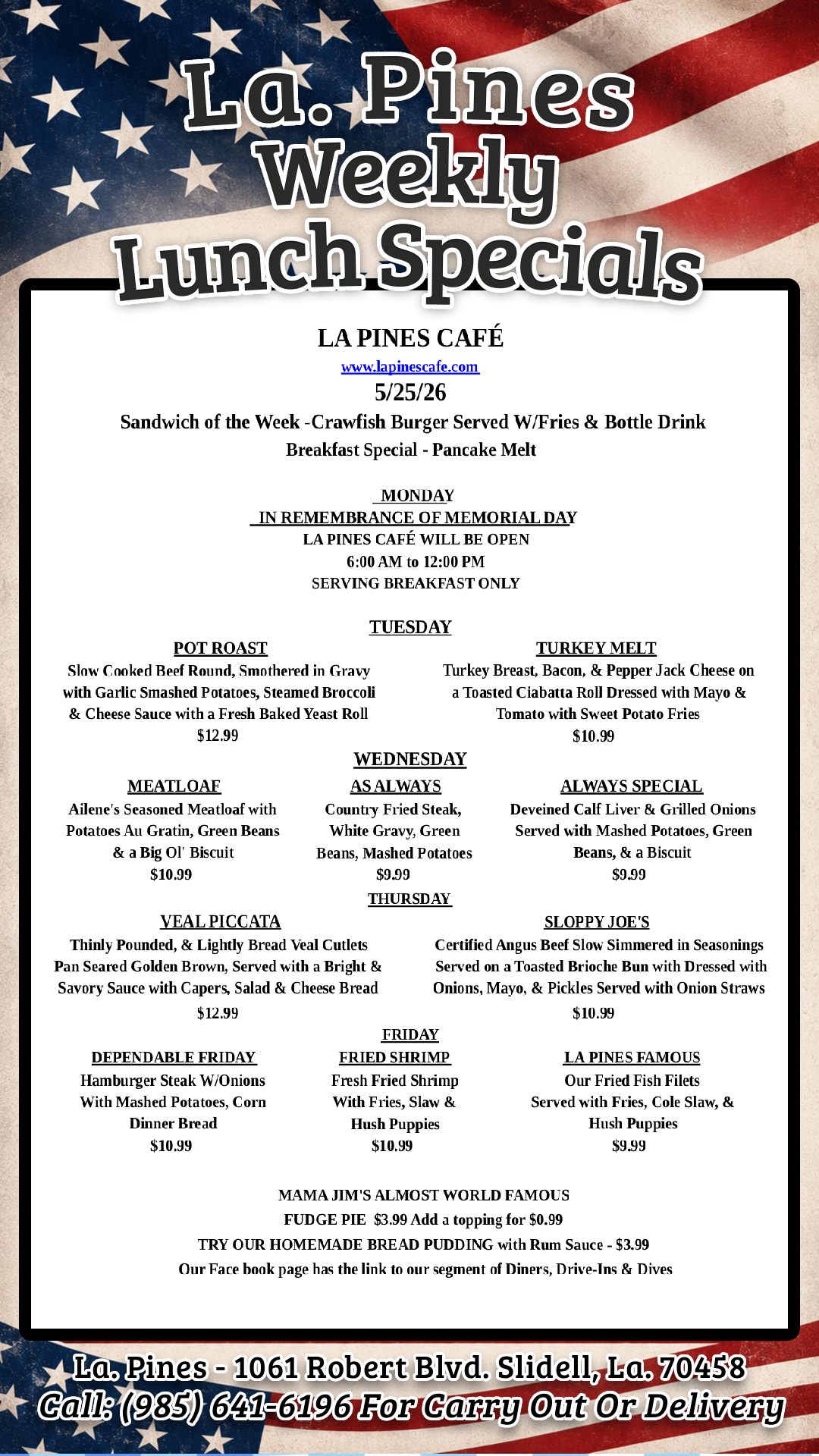 Daily Specials For The Week Starting May 25, 2026.