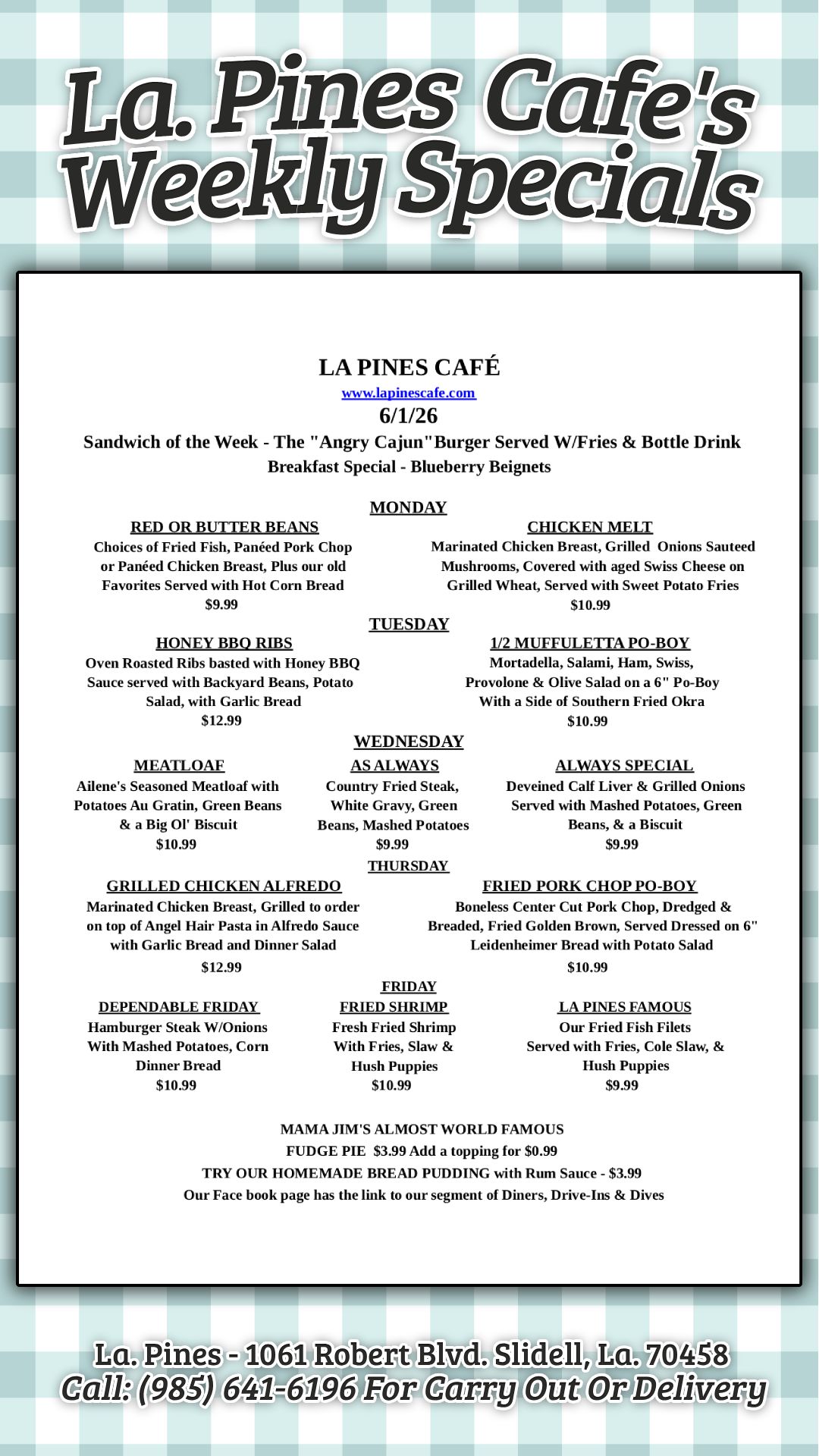 Check out the delicious lineup of Lunch Specials starting 6/1/26.