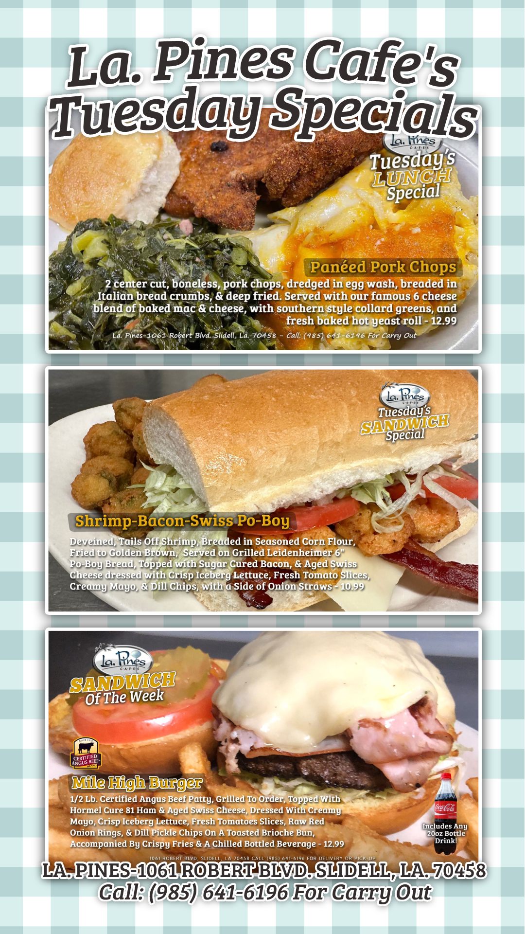 Lunch Specials for Tuesday July 14, 2026.