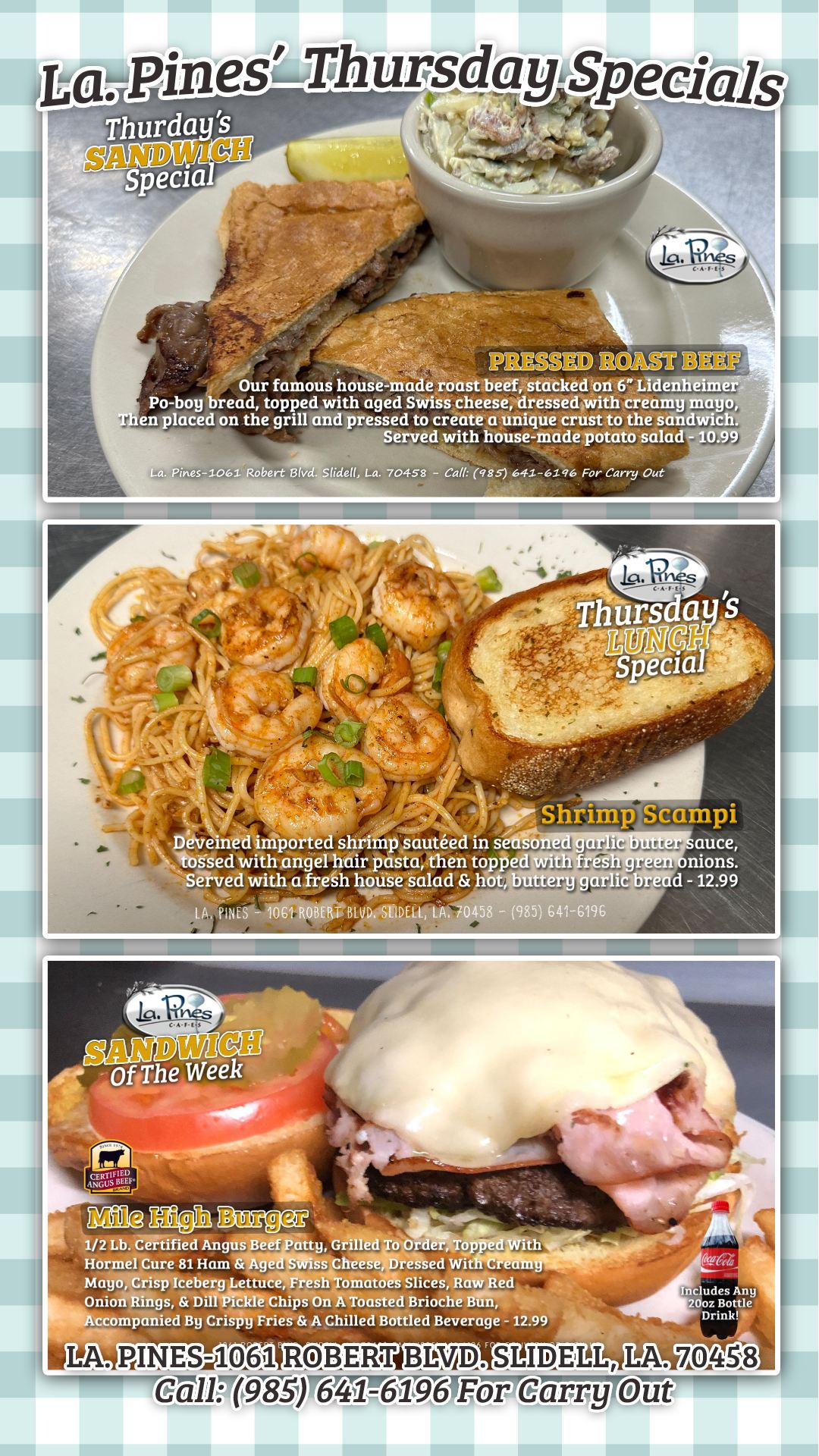 Lunch Specials For Thursday 7/16/2026.